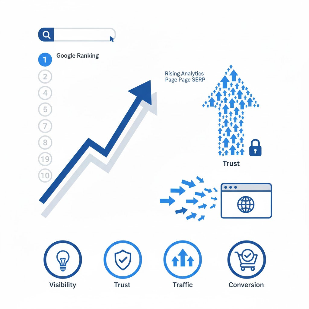 Professional SEO Services That Skyrocket Your Online Visibility 3 Infographic showing how SEO increases website visibility, organic traffic, and Google rankings.”