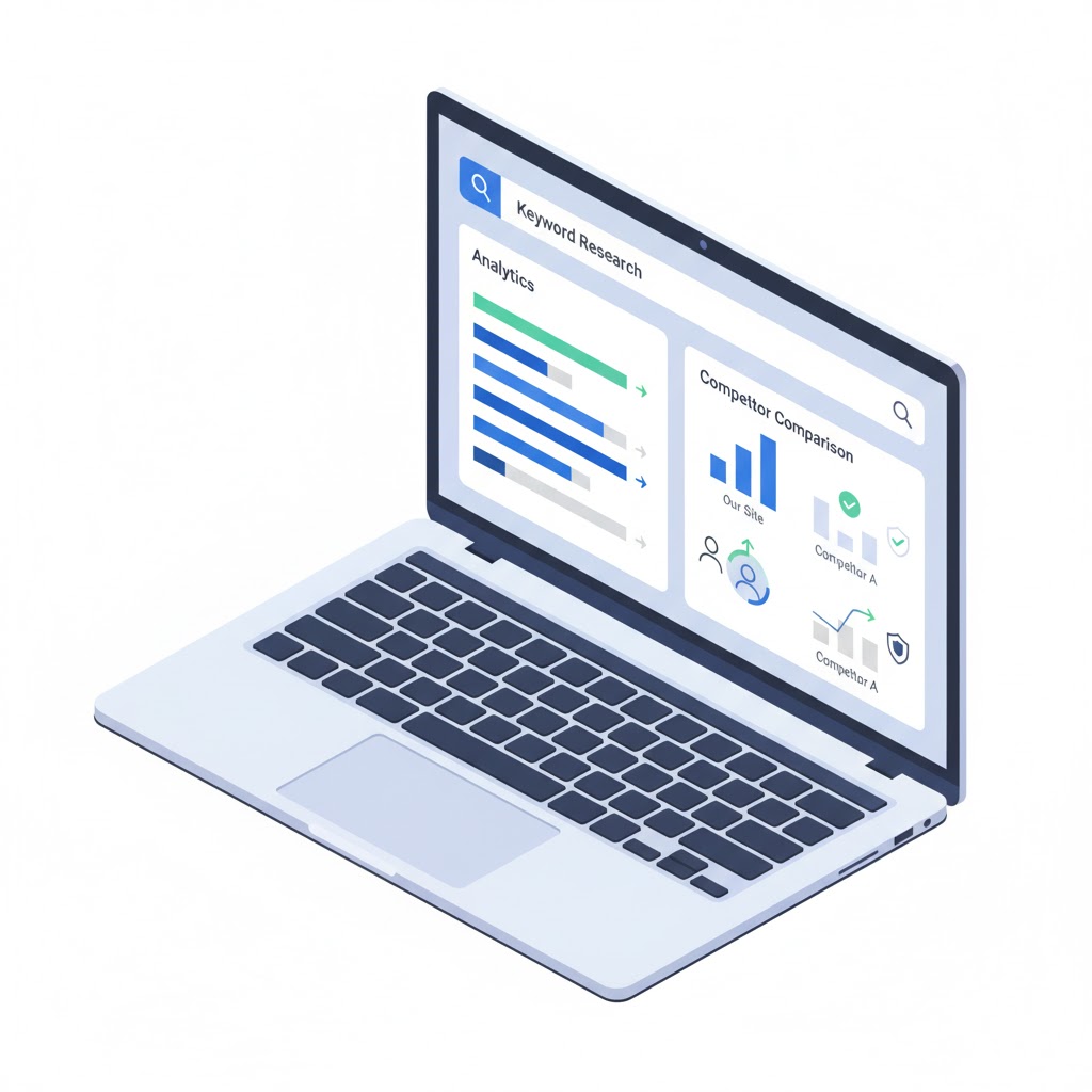 Professional SEO Services That Skyrocket Your Online Visibility 6 Laptop showing keyword analytics and competitor comparison.”